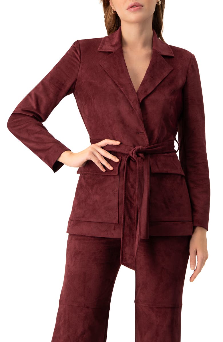 IVONNE Faux-Suede Blazer with Waist Tie, Main, color, Wine
