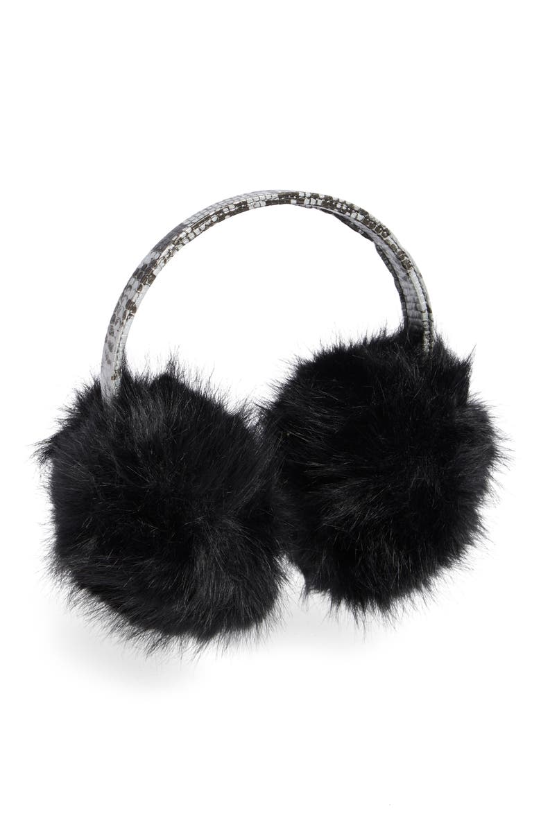 Steve Madden Faux Leather & Faux Fur Earmuffs, Main, color, Black