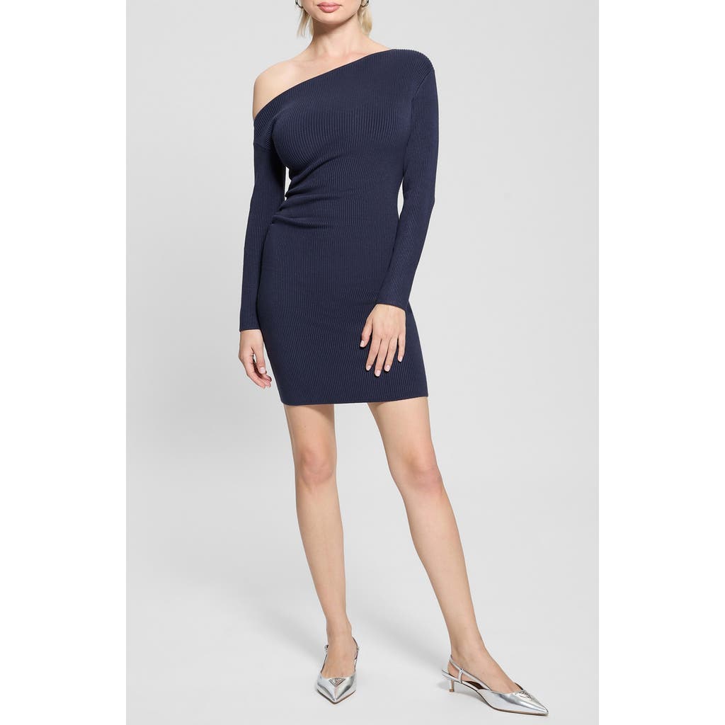 Guess Leiza One-shoulder Long Sleeve Mini Sweater Dress In Navy