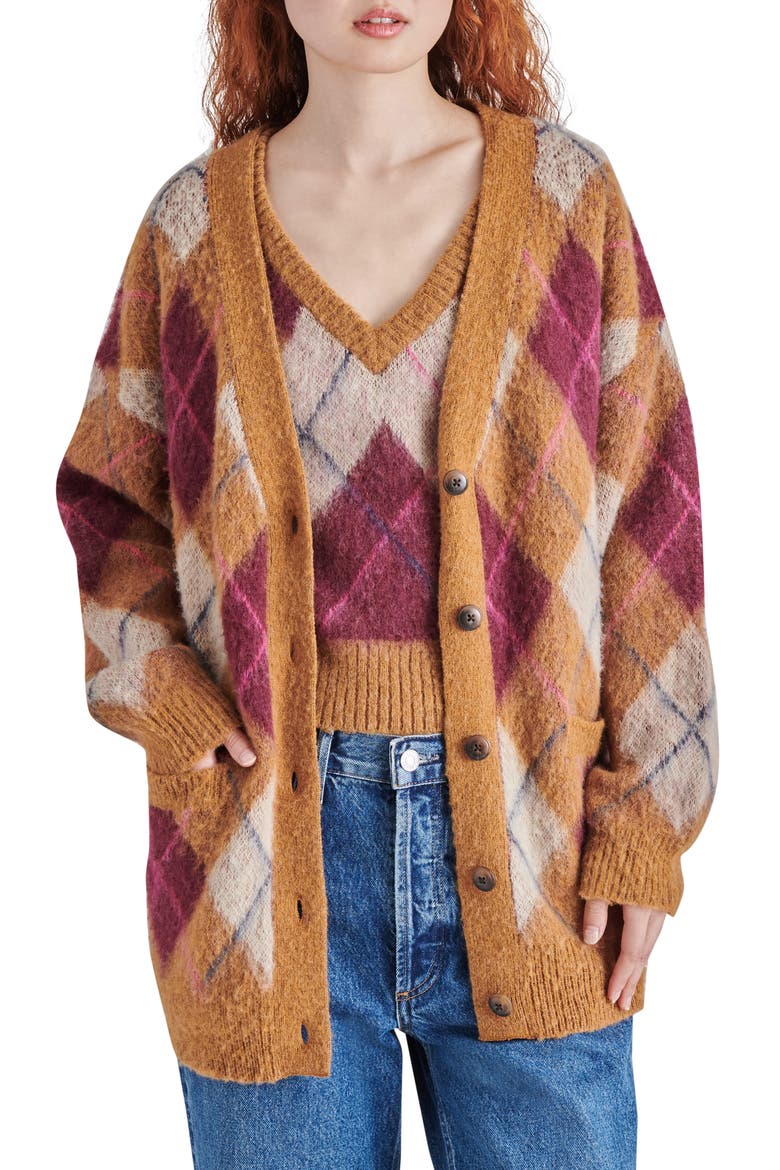 Lexie Oversize Argyle Brushed Cardigan, Main, color, TAN