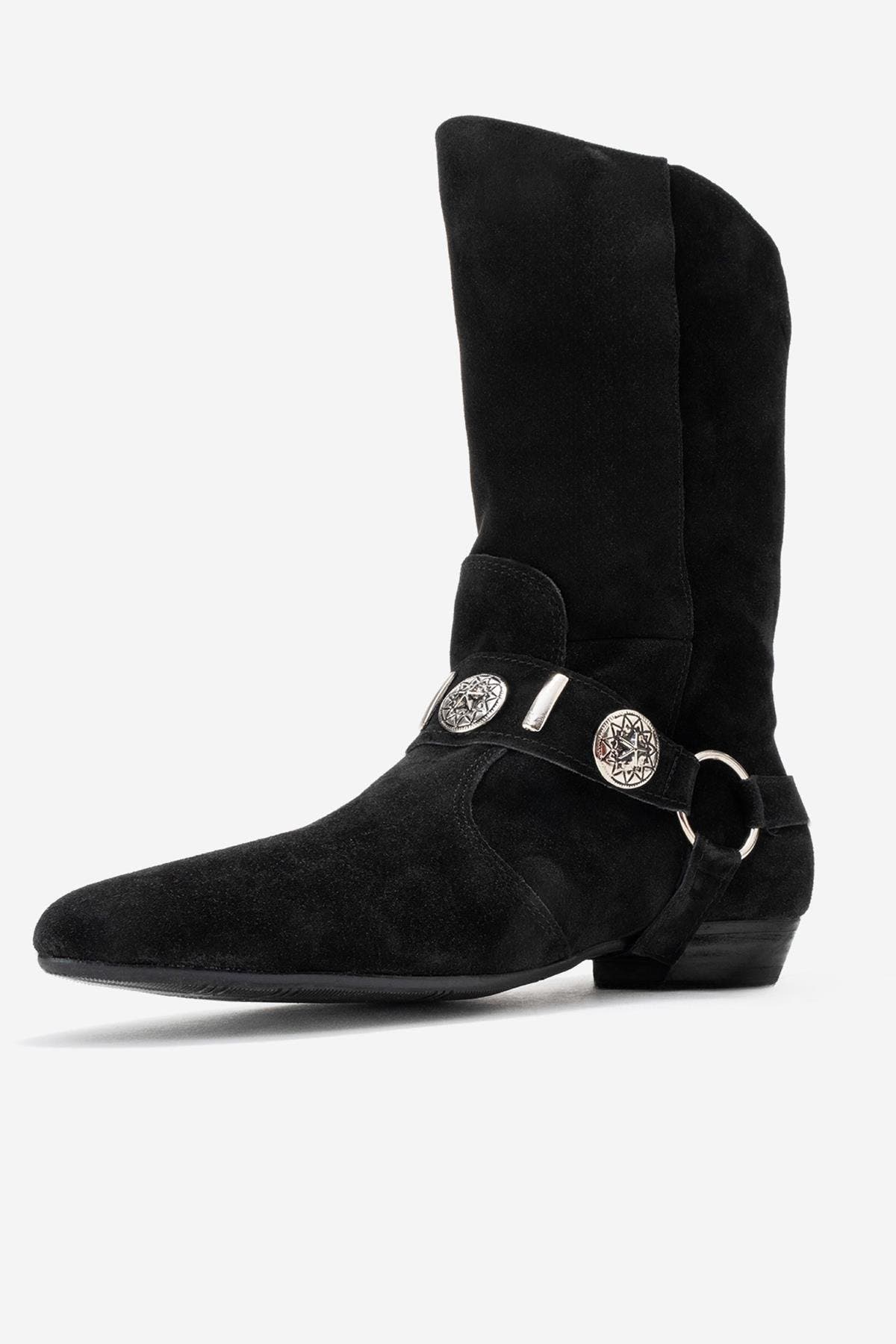 Forever & Always Shoes Selora Leather Buckle Western Boot, Alternate, color, Black Suede Leather