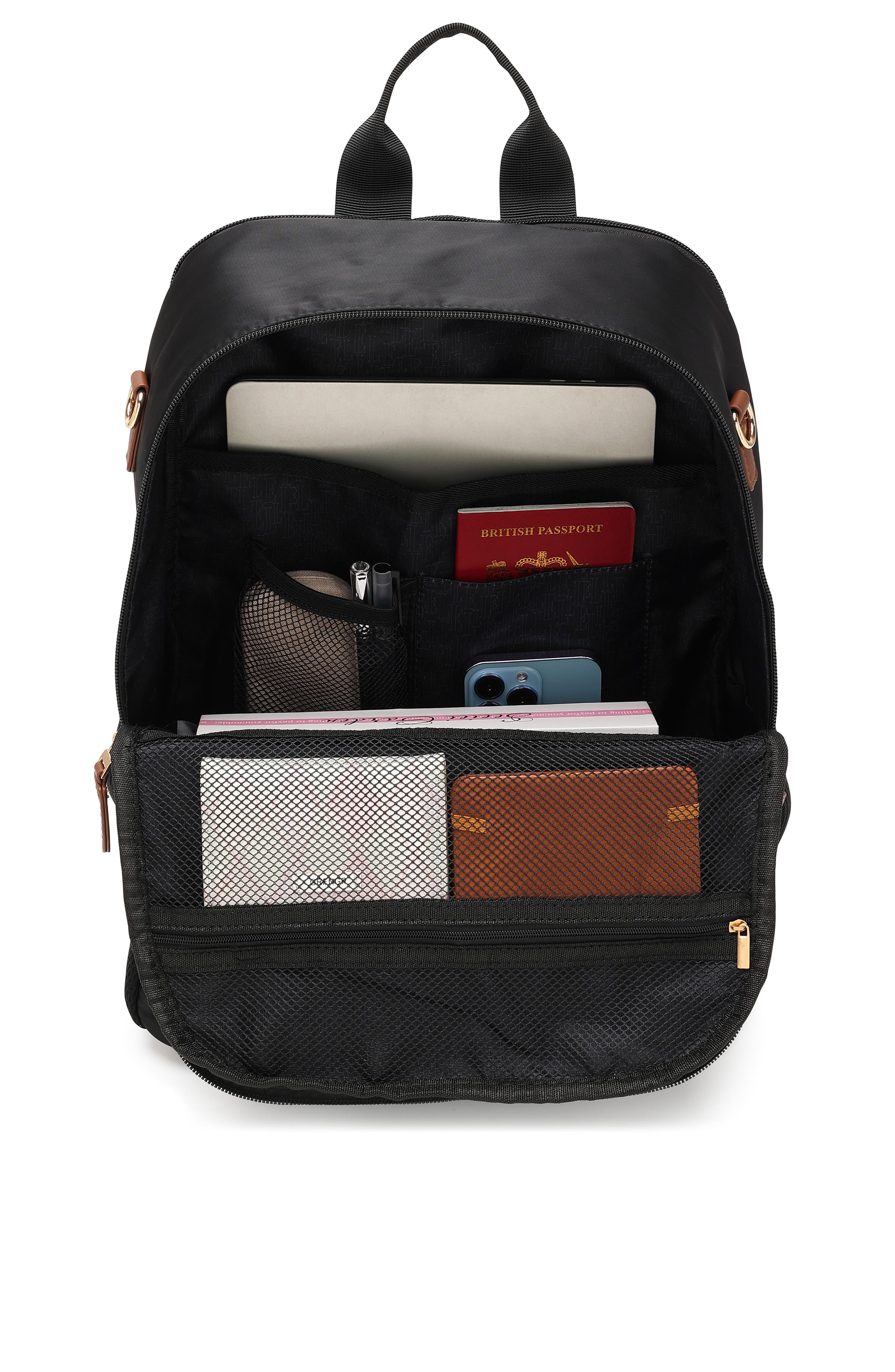 ELLE Luxe Journey 18L Twill and Vegan Leather Backpack, Alternate, color, Black