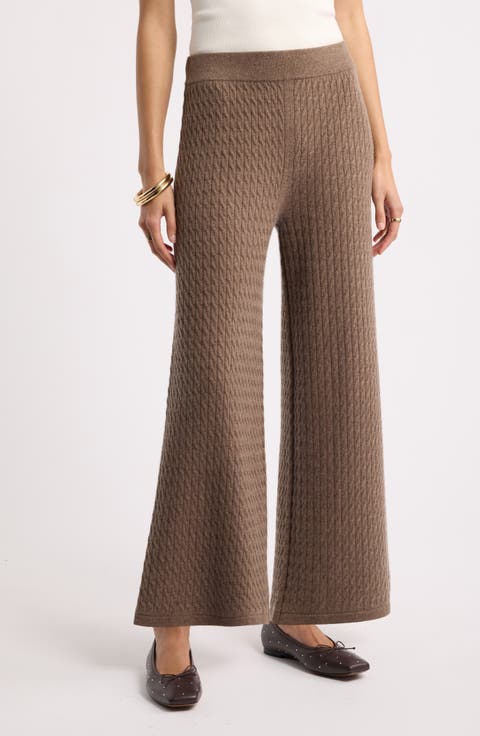 Cable Knit Wool & Cashmere Wide Leg Pants