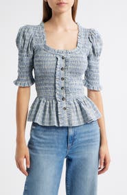 Damson Madder Mansi Smocked Organic Cotton Peplum Top