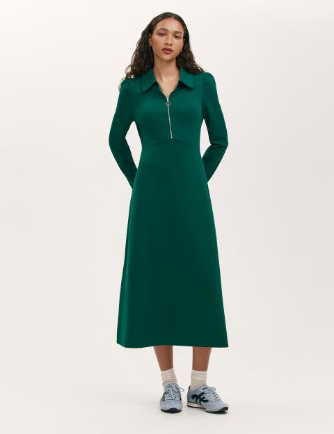 Elvira Ponte Jersey Zip Front Midi Dress