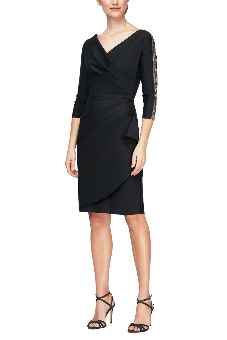 Embellished Surplice Neck Sheath Cocktail Dress, Main, color, BLACK