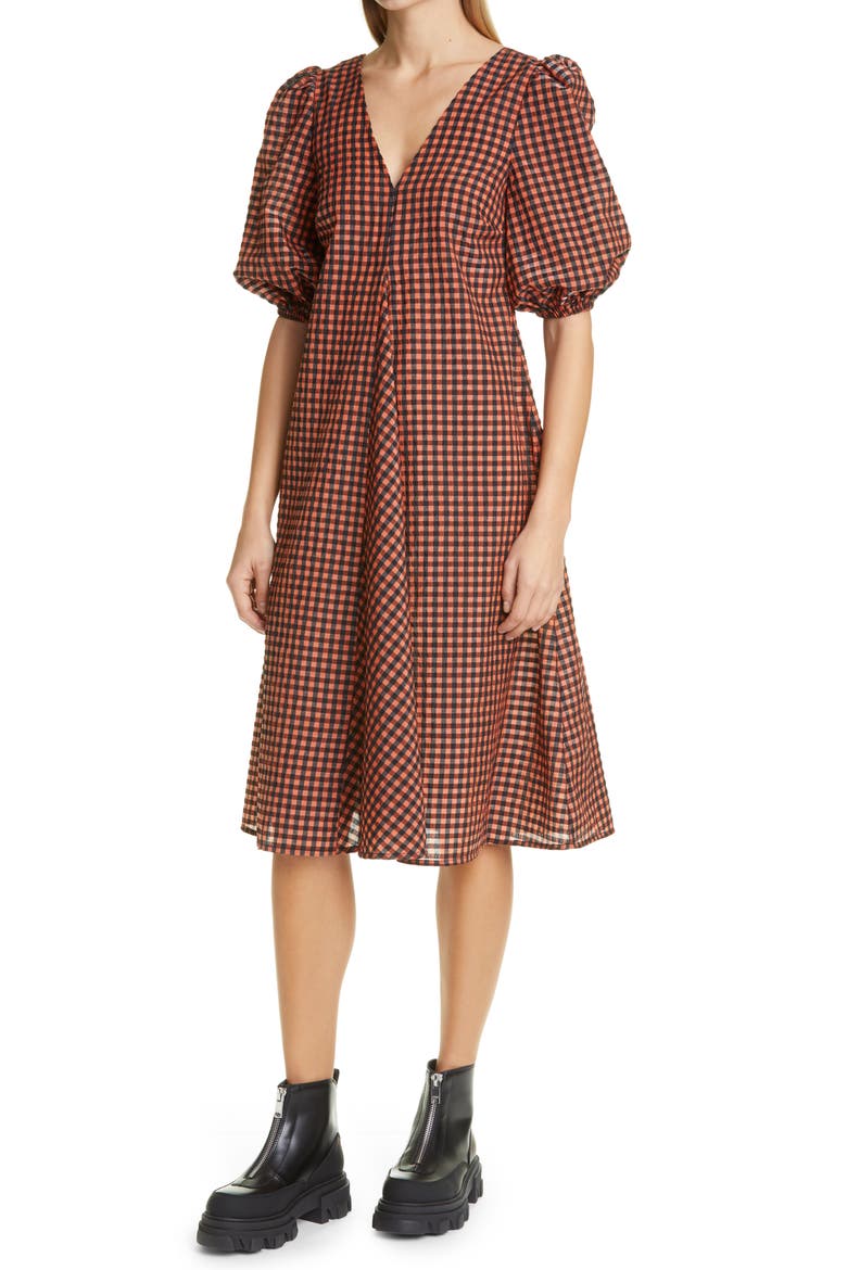 Check Balloon Sleeve Dress, Alternate, color, FLAME