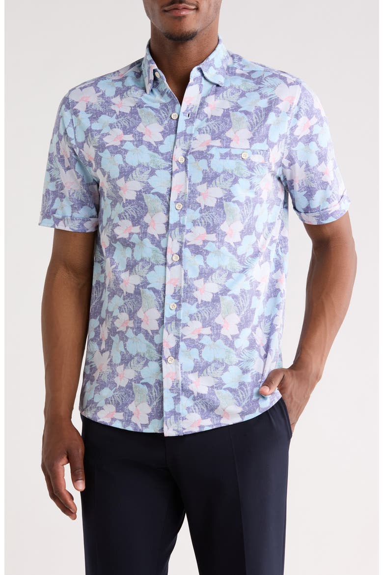 Birdseye Print Short Sleeve Button Front Shirt, Main, color, GREEN/ BLUE