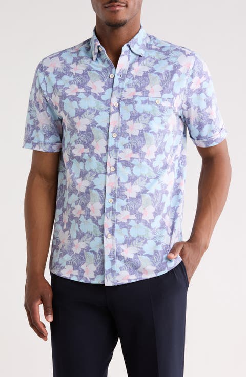 Birdseye Print Short Sleeve Button Front Shirt