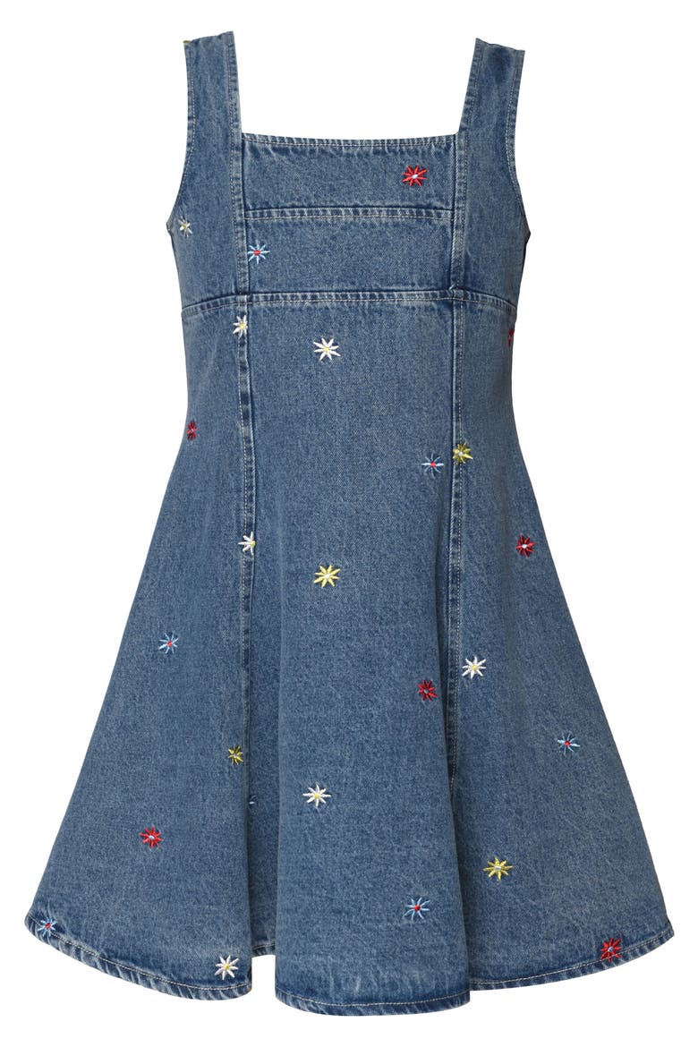Kids' Floral Embroidered Fit & Flare Cotton Denim Dress, Main, color, DENIM BLUE