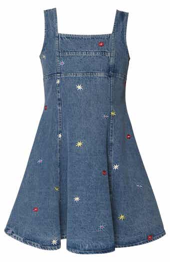 Kids' Floral Embroidered Fit & Flare Cotton Denim Dress