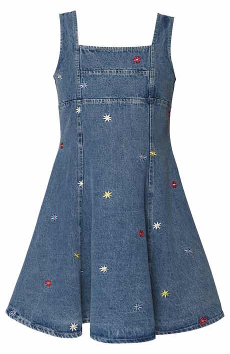 Kids' Floral Embroidered Fit & Flare Cotton Denim Dress