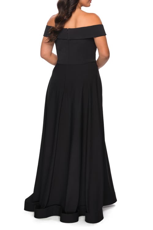 La Femme Off The Shoulder Plus Size Dress With Leg Slit