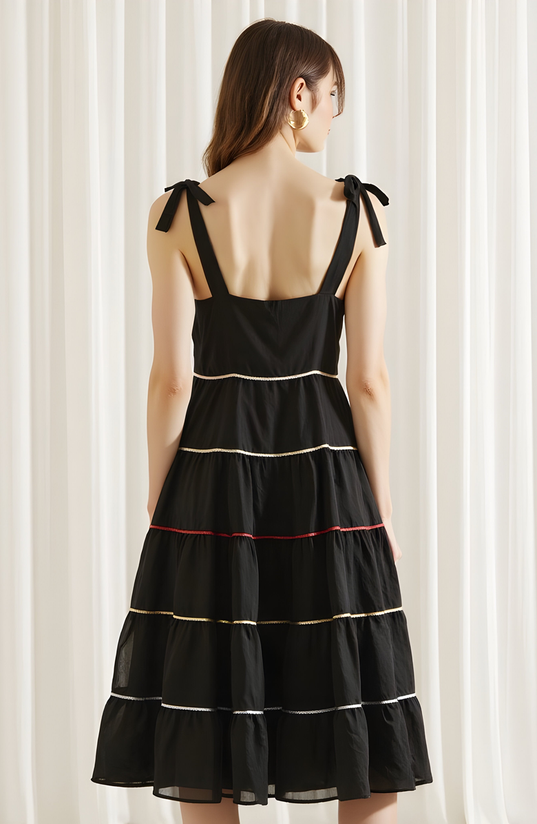 Modenaire Tiered Midi Dress with Contrast Stitching and Tie Shoulder Straps, Alternate, color, 