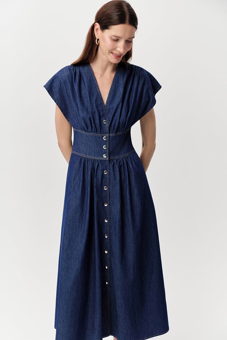Evan Dropped Short Sleeve Fitted Midi Denim Dress, Alternate, color, Blue