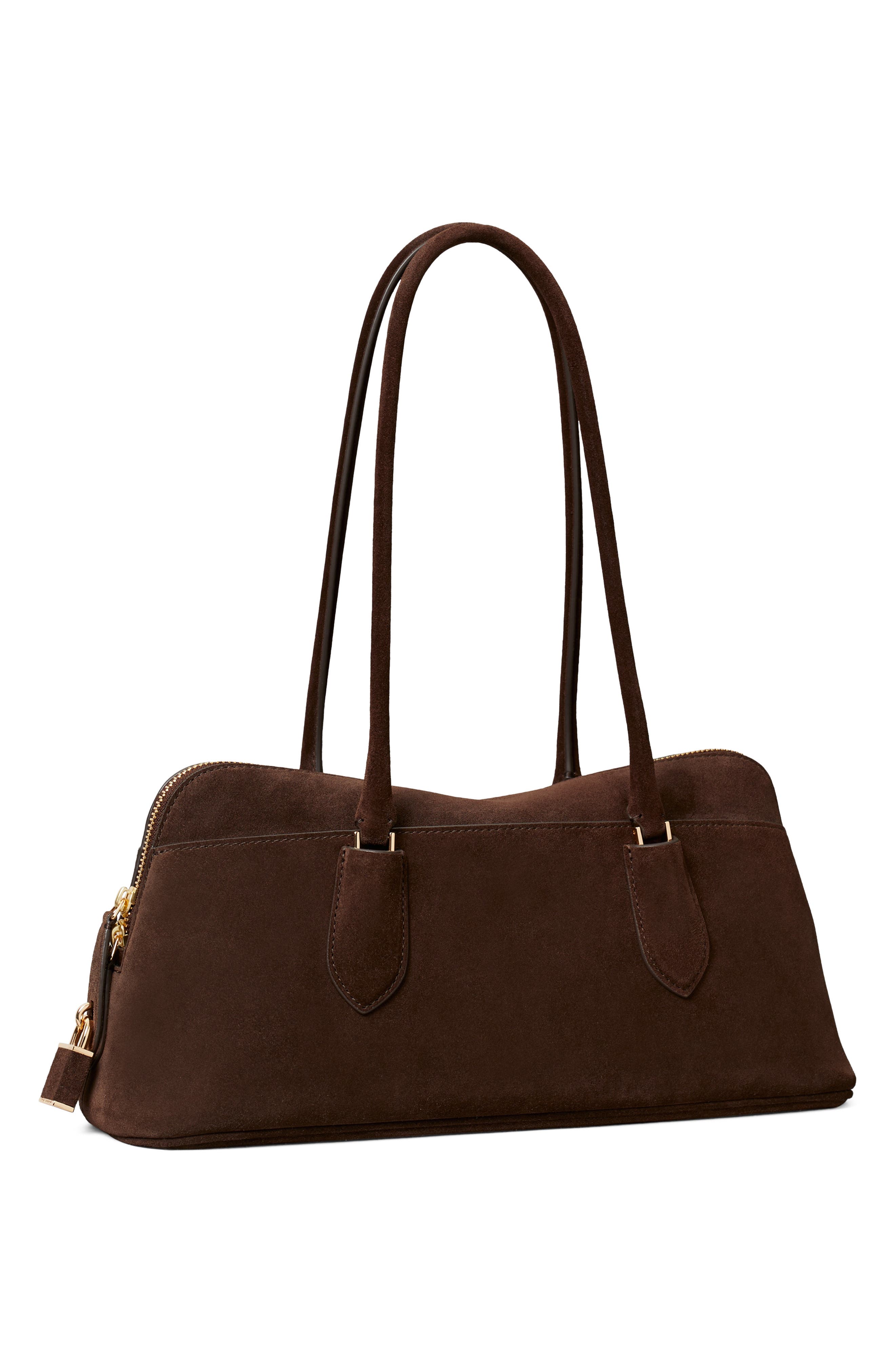 Lock Suede East-West Satchel, Alternate, color, DARK COCOA