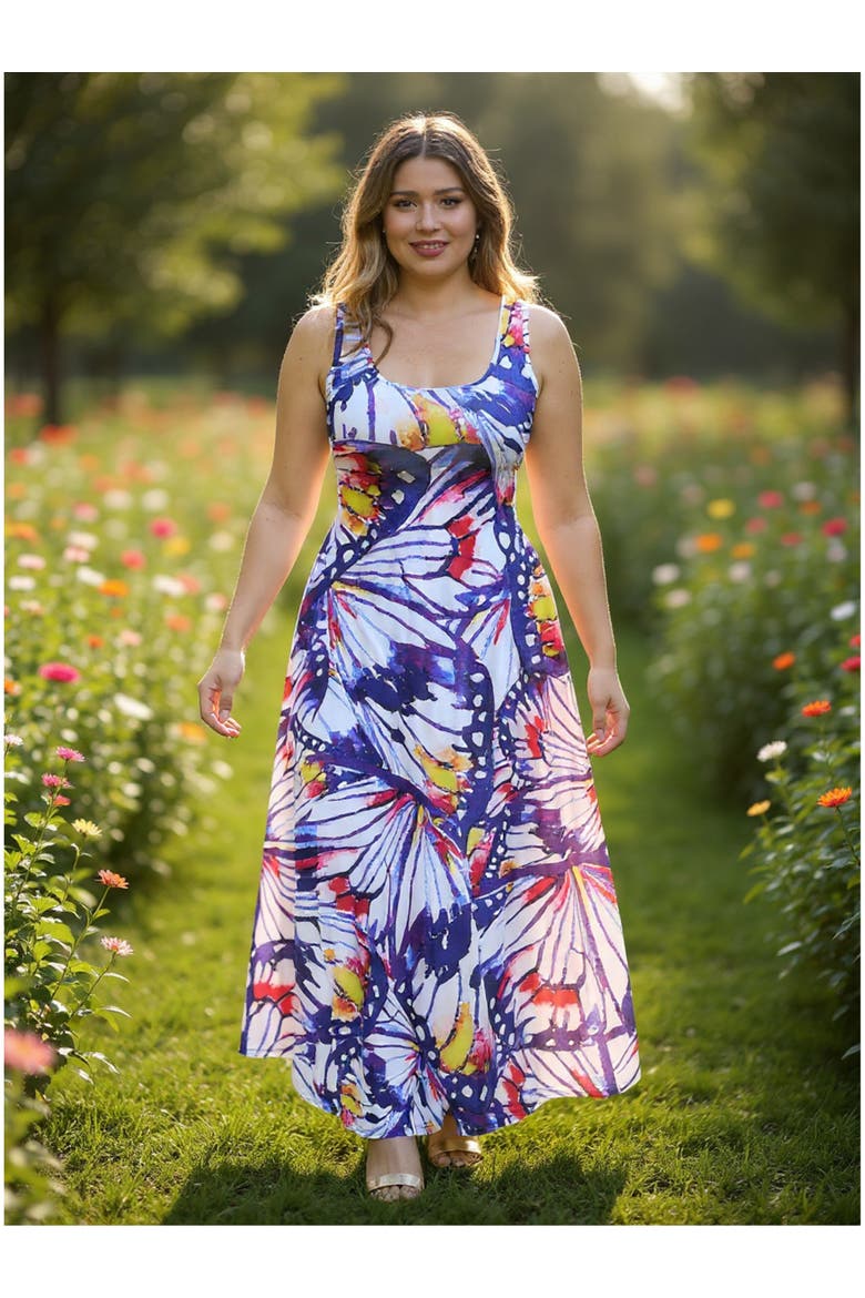Plus Size Butterfly Scoop Neck Sleeveless A-Line Maxi Dress, Alternate, color, Purple Multi