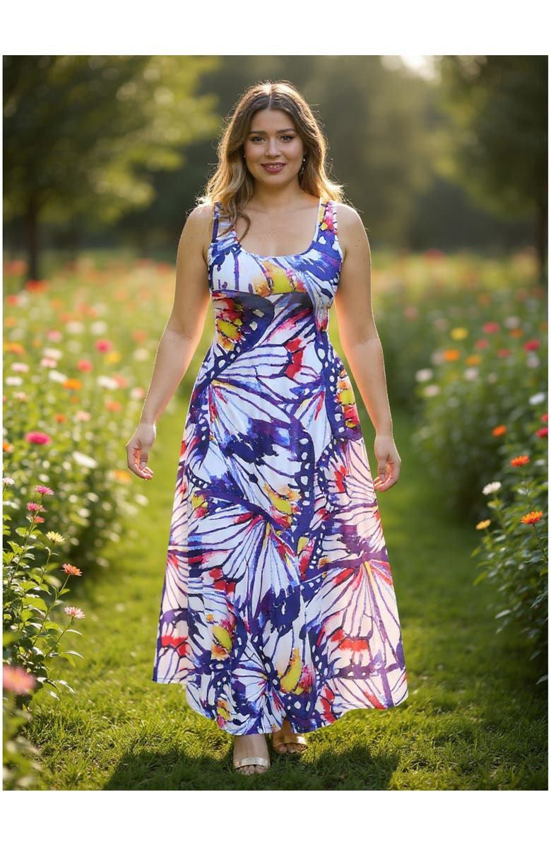 24seven Comfort Apparel Plus Size Butterfly Scoop Neck Sleeveless A-Line Maxi Dress, Alternate, color, Purple Multi