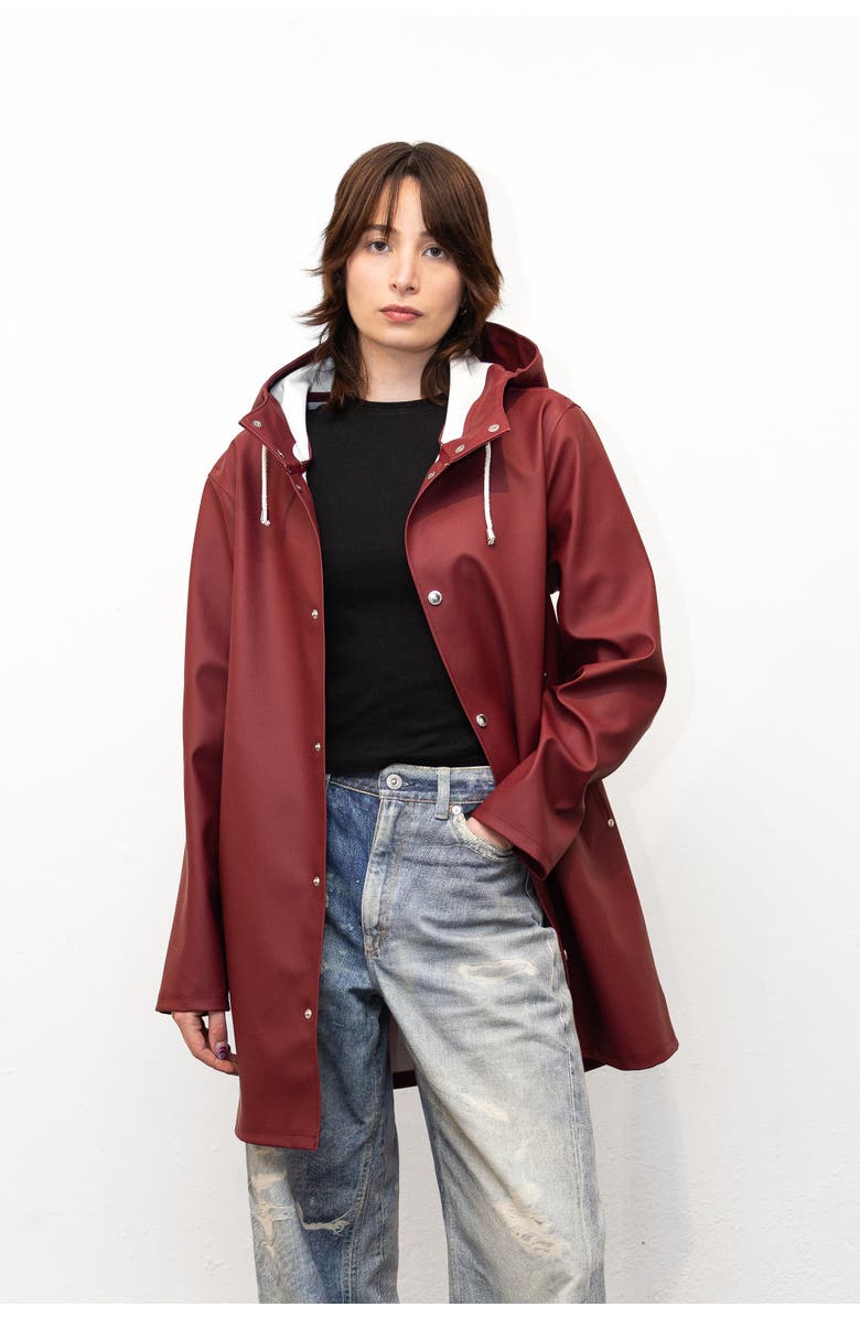 Stutterheim Stockholm Long Sleeve Hooded Raincoat, Main, color, Burgundy