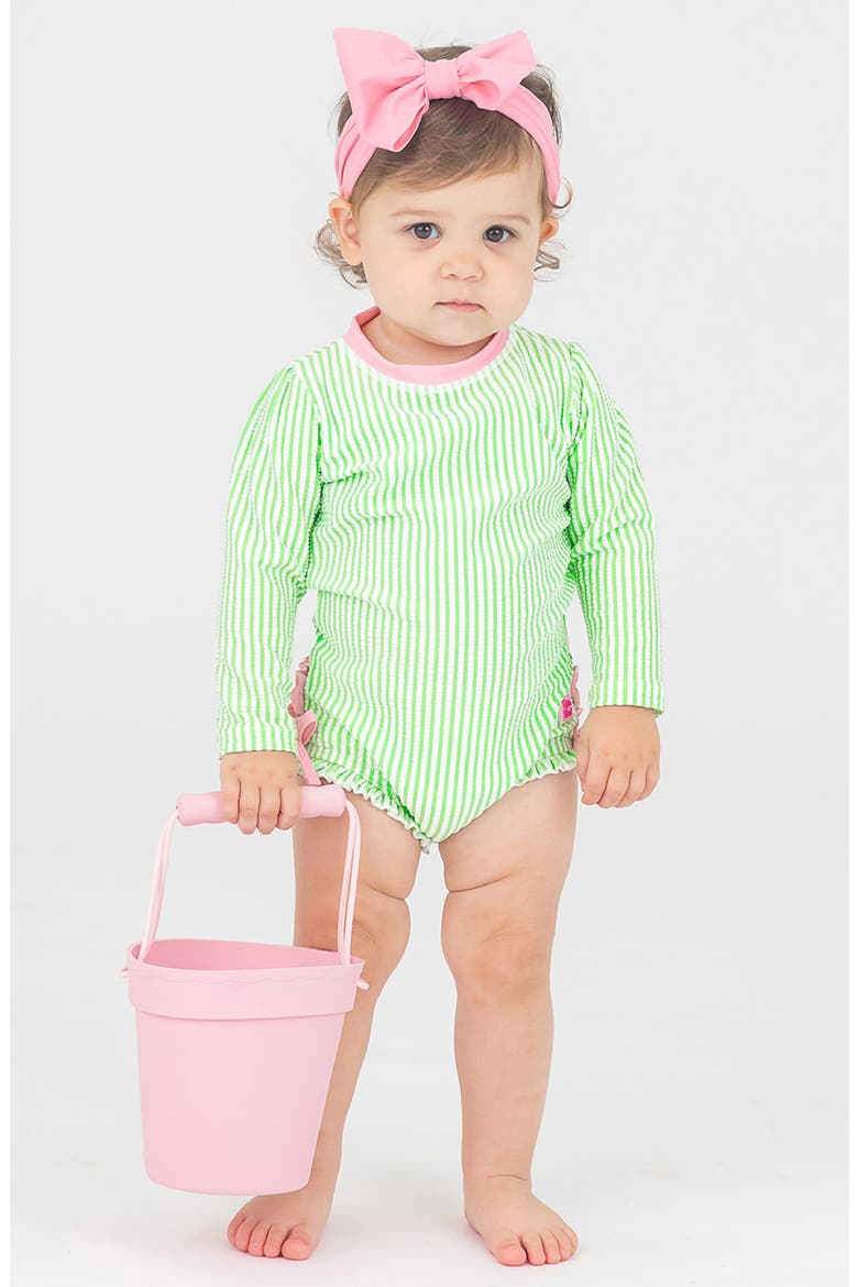 Kids' Seersucker Long Sleeve One-Piece Rashguard Swimsuit, Alternate, color, GREEN