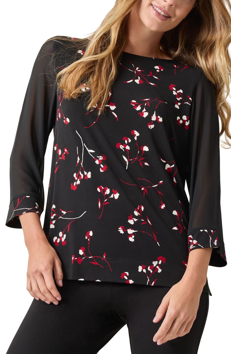 KASPER Print Sheer Sleeve Top, Main, color, 