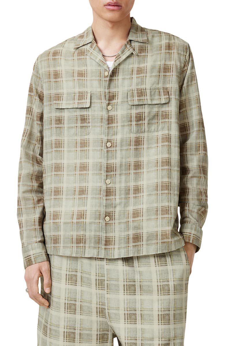 AllSaints Seattle Check Long Sleeve Camp Shirt, Main, color, 
