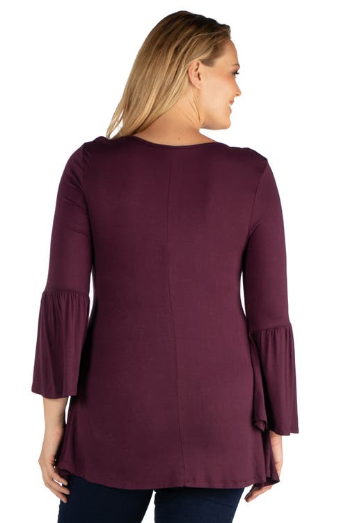 24seven Comfort Apparel Plus Size Long Bell Sleeve Flared Tunic Top In Purple