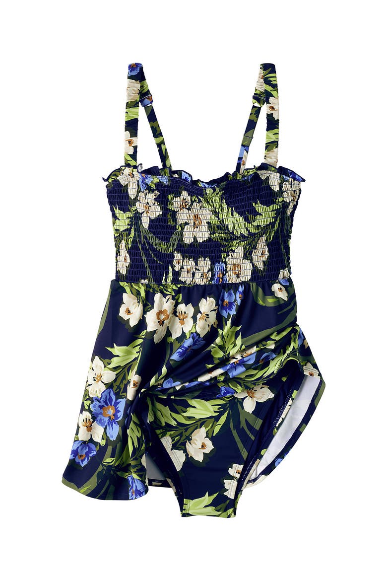 Womens Square Neck Smocked Mini Swim Dress, Alternate, color, Deep Sea/Blue Floral Tropic