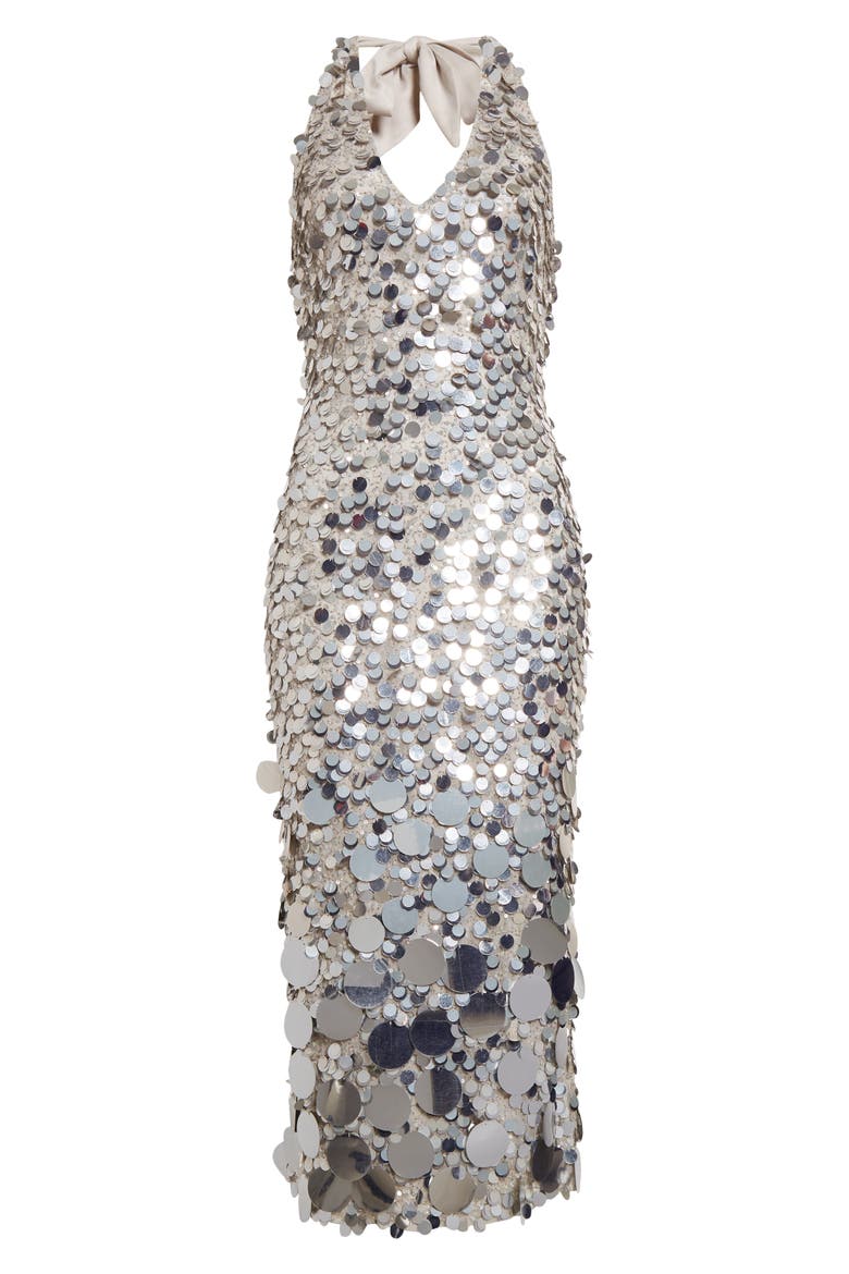 Sloan Paillette Plunge Halter Midi Dress, Alternate, color, SILVER PAILLETTE