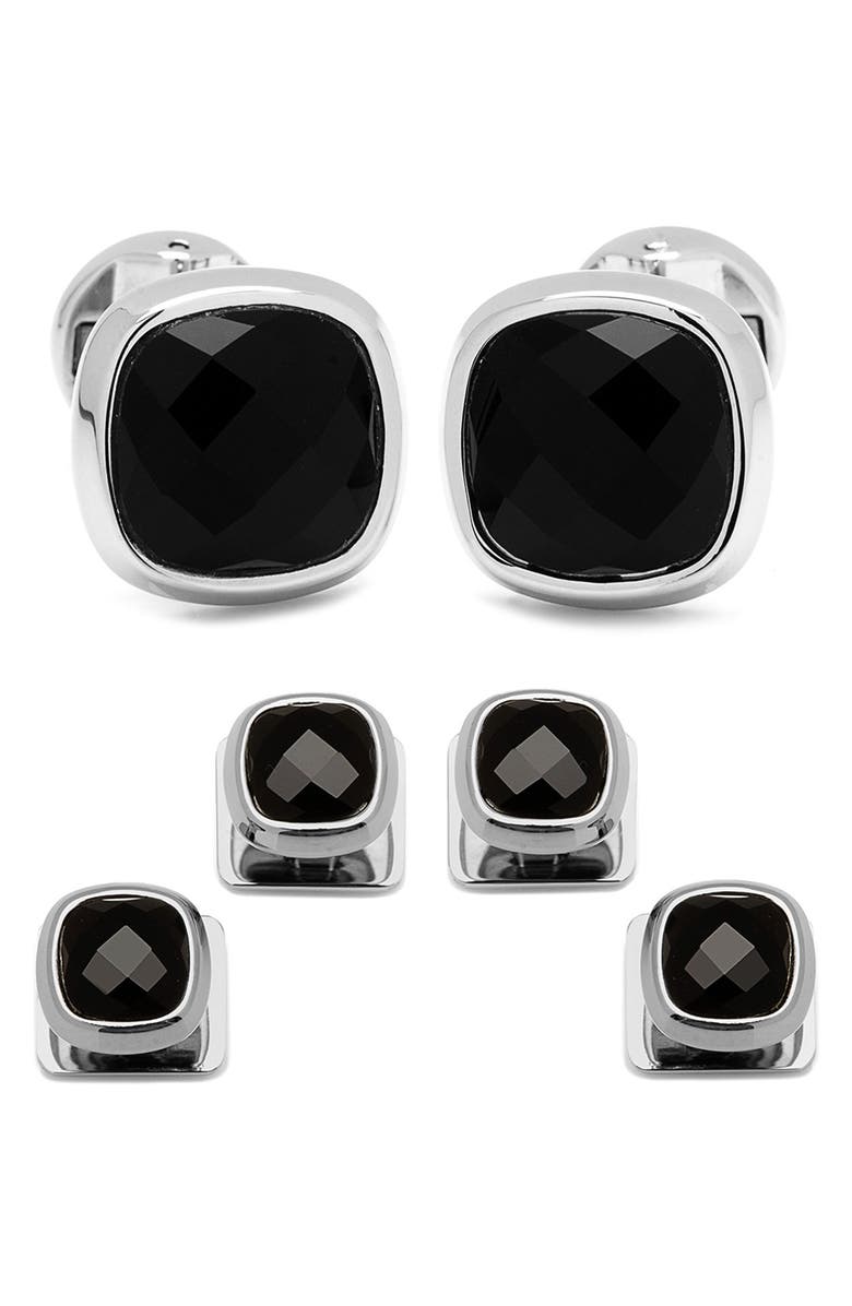 Cufflinks, Inc. Ox and Bull Trading Co. Onyx Cuff Links & Shirt Stud Set, Main, color, Black