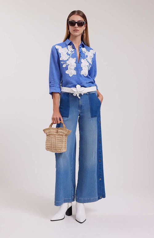 Anne Fontaine Shirt Citron Blue Linen Shirt With White Floral Applique In Blue