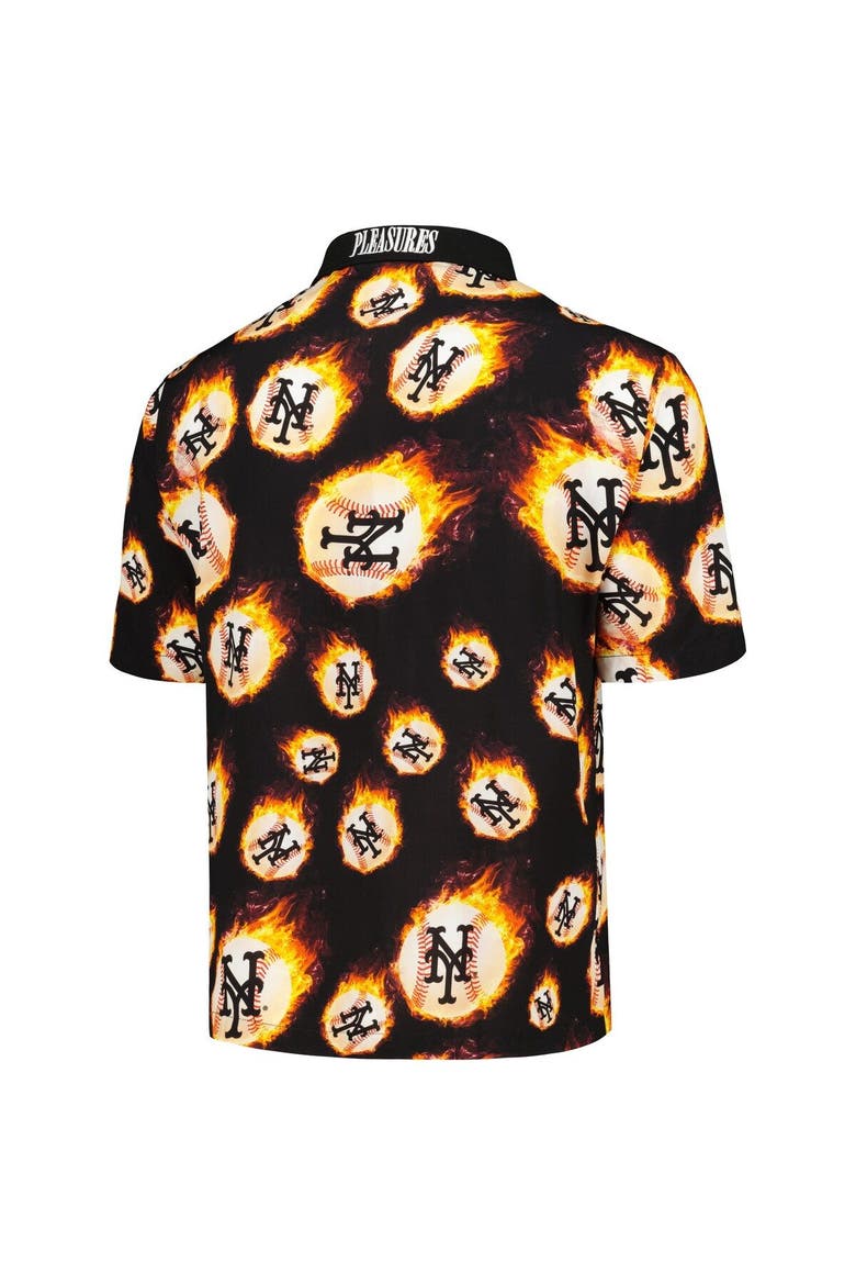 Men's PLEASURES  Black New York Mets Flame Fireball Button-Up Shirt, Alternate, color, Black