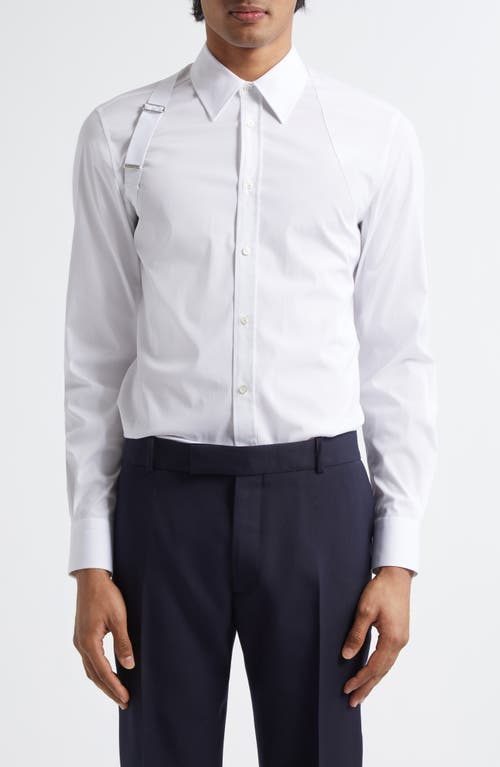 Shop Alexander Mcqueen Mcqueen Logo Tape Harness Stretch Cotton Button-up Shirt In Opticalwhite