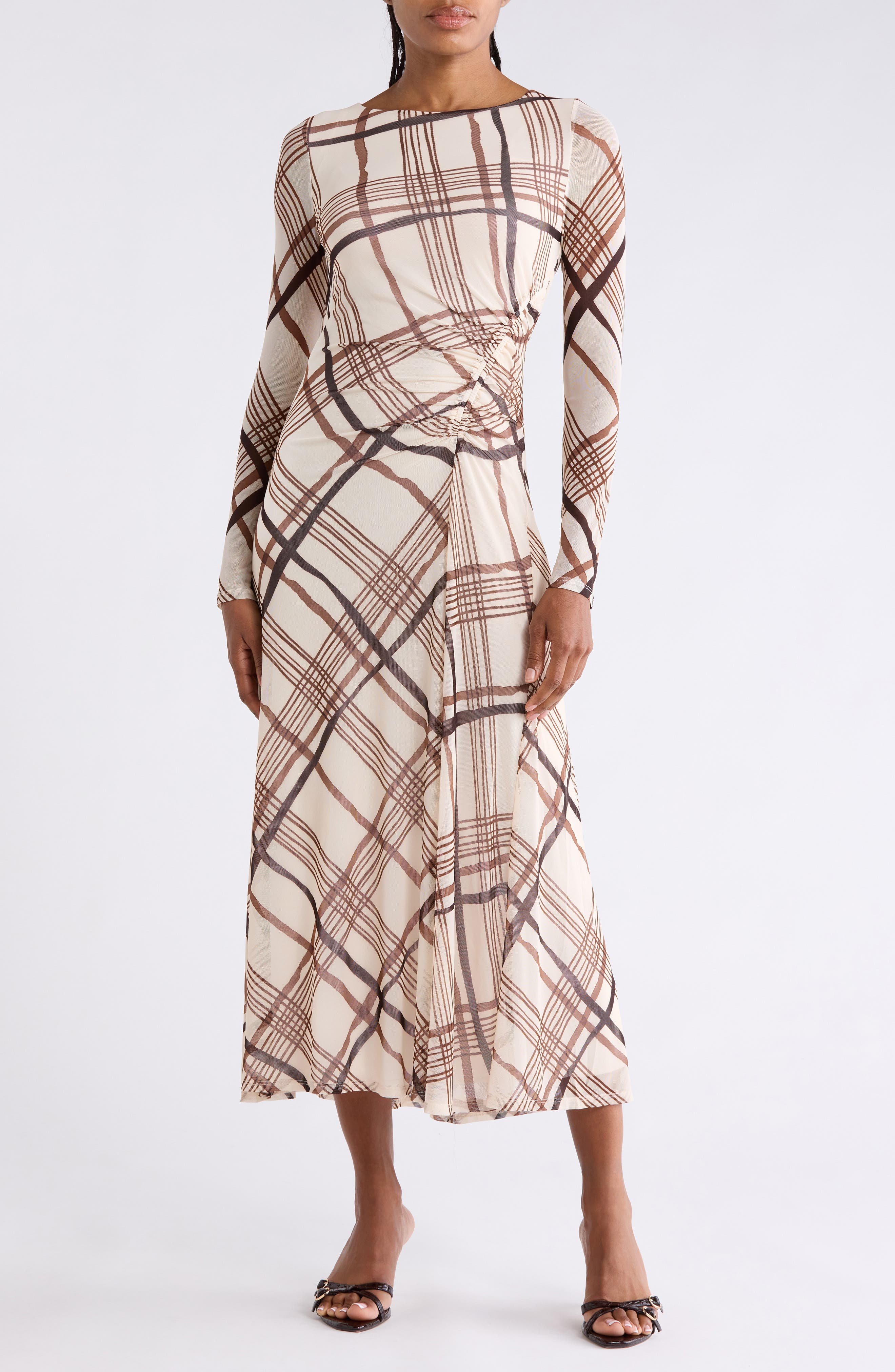 Plaid Long Sleeve Ruched Mesh Maxi Dress