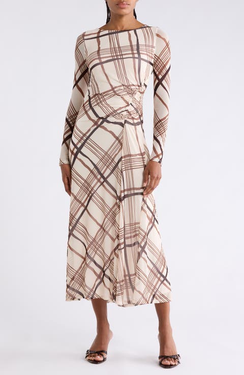 Plaid Long Sleeve Ruched Mesh Maxi Dress