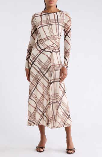 Plaid Long Sleeve Ruched Mesh Maxi Dress