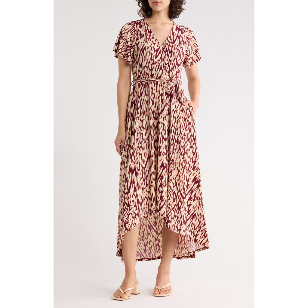 West K Flutter Sleeve High-low Dress In Wine Abstract