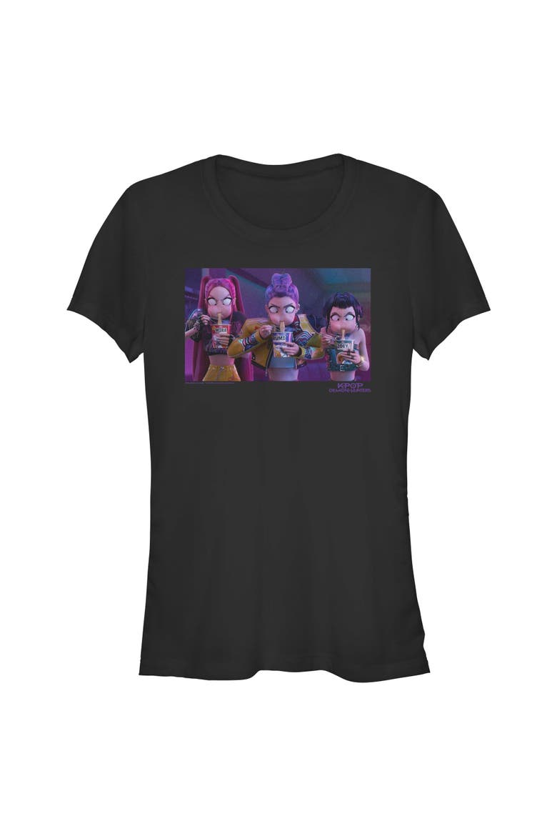 Junior's KPop Demon Hunters Rumi, Mira and Zoey Ramyeon  Graphic T-Shirt, Main, color, Black