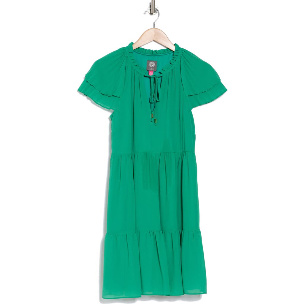 Vince Camuto Flutter Sleeve Tiered Chiffon Dress In Green