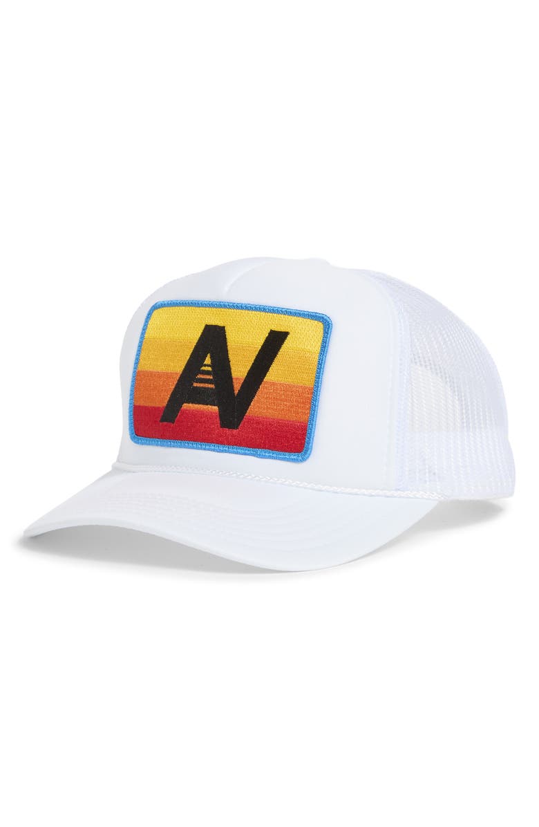 Aviator Nation Logo Rainbow Trucker Hat, Main, color, White
