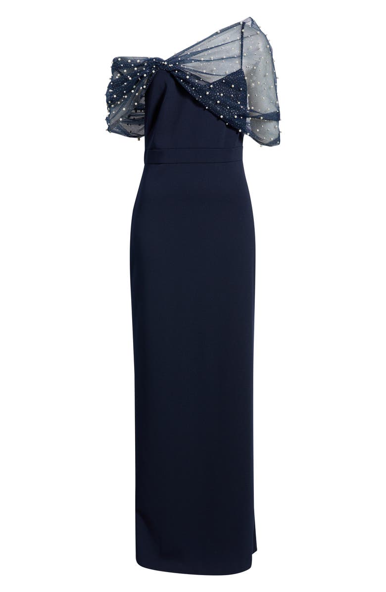 Eliza J Faux Pearl Mesh Detail Gown, Alternate, color, Navy