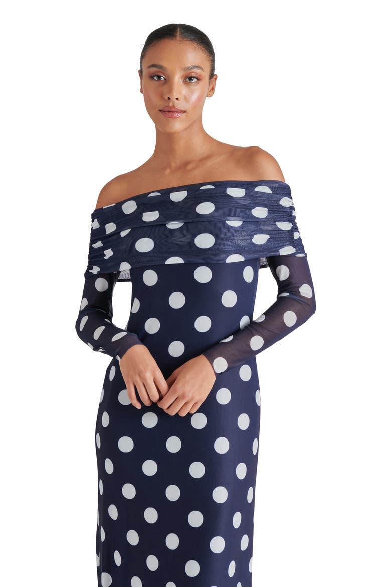 Aurelia Dot Off the Shoulder Long Sleeve Maxi Dress, Alternate, color, MARINE