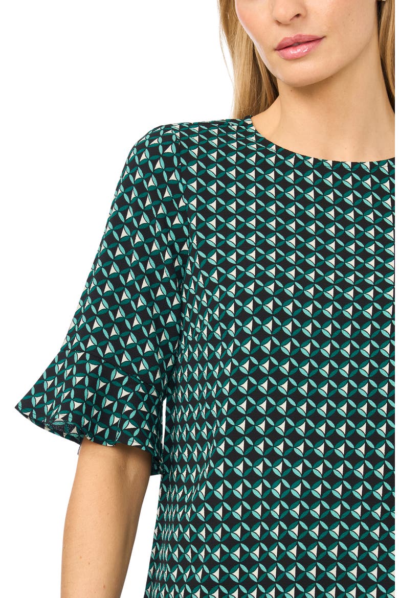Geo Print Ruffle Cuff Top, Alternate, color, DEEP SPRUCE