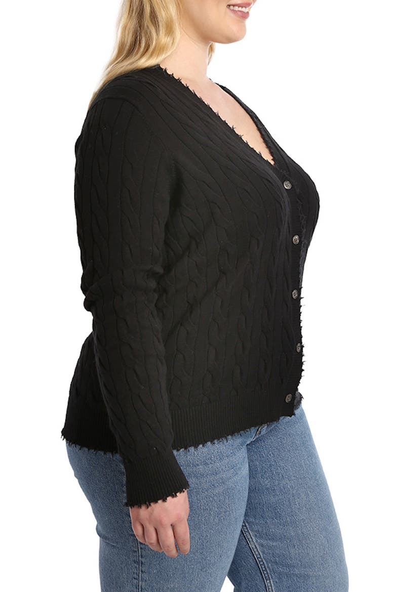 Frayed V-Neck Cable Knit Cotton Cardigan, Alternate, color, BLACK