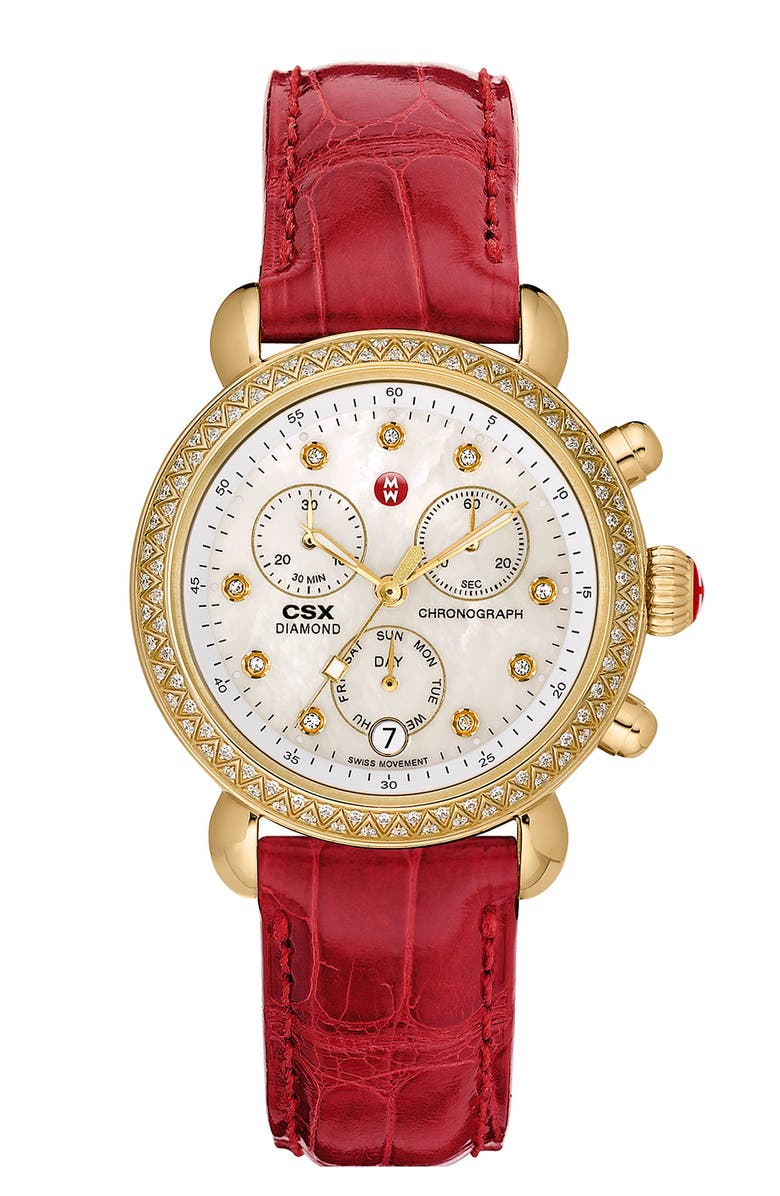 MICHELE 'CSX-36 Diamond' Diamond Dial Gold Plated Watch Case, 36mm, Alternate, color, 