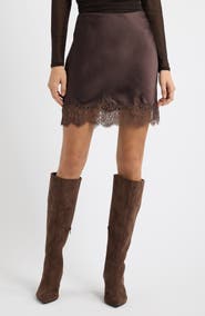 Open Edit Lace Trim Satin Miniskirt