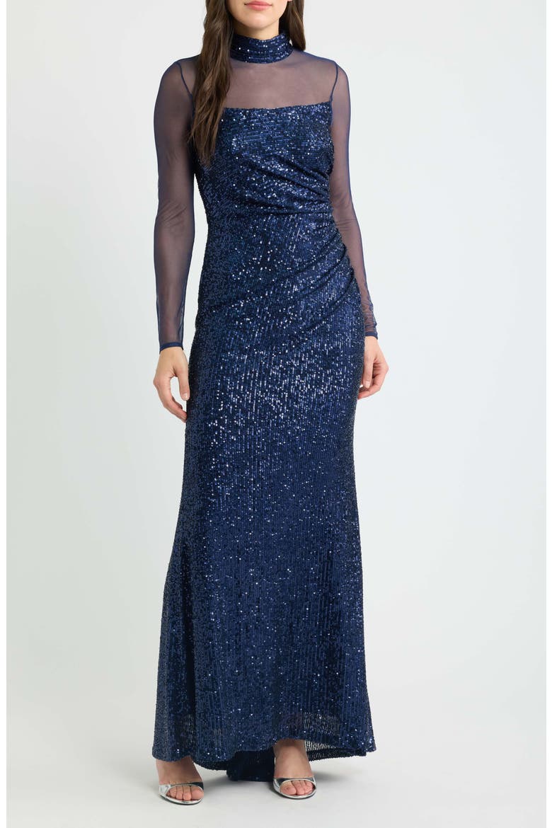 Long Sleeve Mock Neck Sequin Gown, Main, color, NAVY