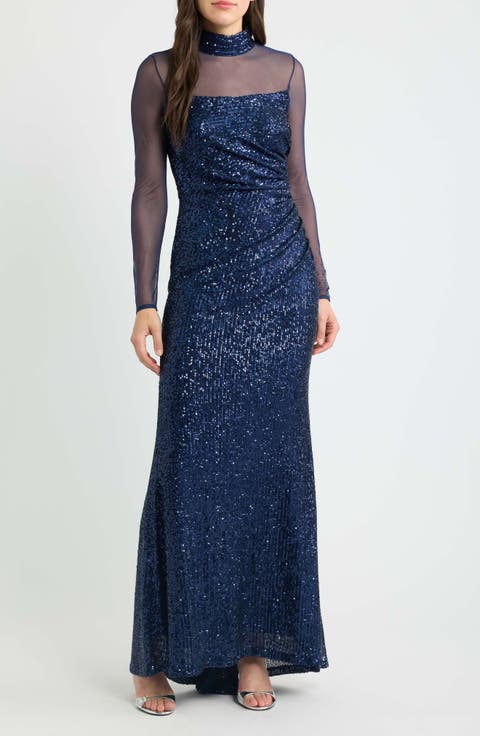 Long Sleeve Mock Neck Sequin Gown