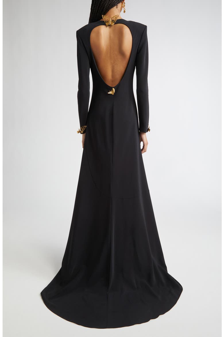 Butterfly Detail Long Sleeve Open Back Gown, Alternate, color, BLACK