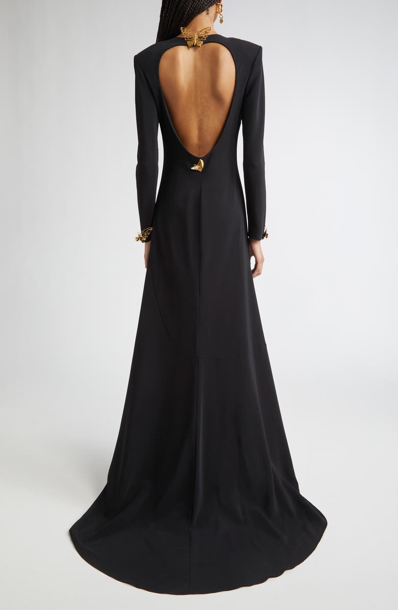 Oscar de la Renta Butterfly Detail Long Sleeve Open Back Gown, Alternate, color, Black